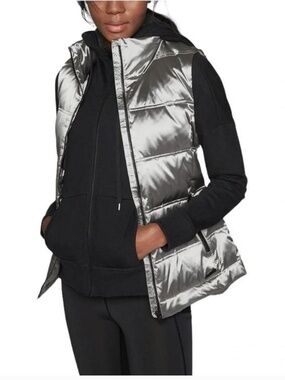 Athleta Silver Twill Down Puffer Vest *Metallic Chrome High Neck Quilted L